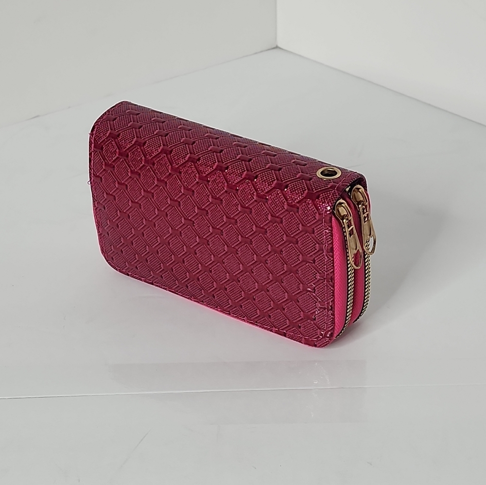 Woman's Multi Department Dark Pink Textured Small Double Zip Around Wallet - Picture 8 of 13